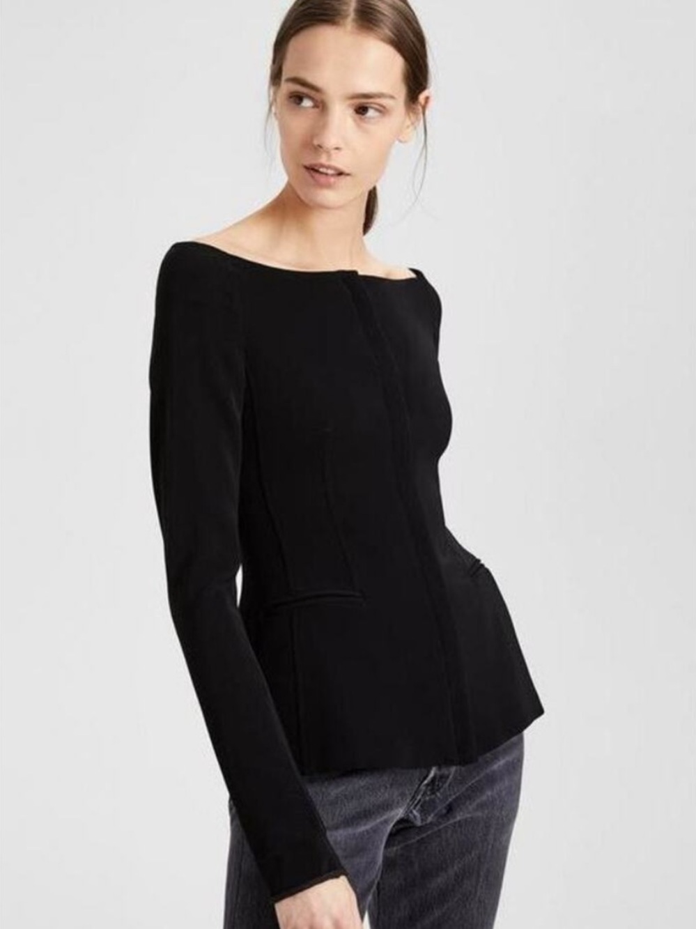 Theory Off The Shoulder Crepe Jacket Full-Zip Stretch Meghan Markle Black